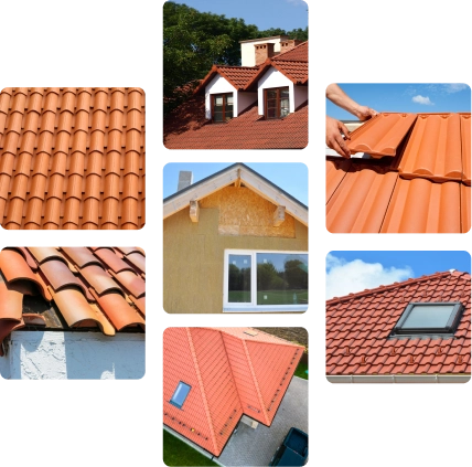 Contrucción de tejados 1 Varias imágenes que muestran diferentes tipos y detalles de tejados en construcción, incluyendo tejas cerámicas instaladas, acabados de ventanas en el tejado y techos desde vista aérea.
